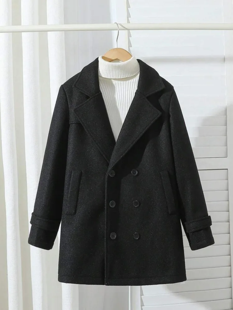 Tween Boy Elegant Gentlemanly Overcoat For Older Boys, Simple Double-Breasted Design, Notch Lapel, Soft & Comfortable Fabric, Suitable For Autumn & Winter, Can Be Easily Paired With Other Items For Stylish & Versatile Look, Ideal For Parties, Holidays, School Events And Everyday Wear,Holiday,Summer,Travel