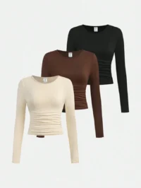 SHEIN Girlism 3pcs/Pack Tween Girls' Fitted Casual Solid Color Round Neck Ruched Long Sleeve T-Shirt Sets Chic Outfits For Autumn/Winter