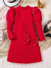 Tween Girl Elegant Pearl Puff Sleeve A-Line Dress With Bowknot Bag Decor, Autumn Winter, For Christmas