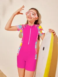 SHEIN Tween Girls' Tropical Plant Print Shoulder Zipper Half Placket Casual One-Piece Swimsuit With Shorts Summer Holiday