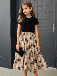 Girls' Ink Floral Print Patchwork Round Neck Short Sleeve Casual Versatile Dress, Tween Girl/Teens