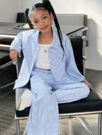 Tween Girls' Three Pieces Set, Street Cool Striped Long Sleeve Shirt, Pants, And Cami Top, Ideal For Spring And Fall