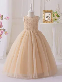 Tween Girl Champagne Color Flower Girl Dress With Open Back For Wedding