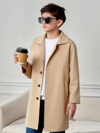Tween Boy Mid-Long Length Casual Lapel Loose Trench Coat, British Style Single-Breasted