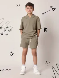 SUMWON Textured Waffle Knit Polo Set Summer Casual Beige Shorts Outfit Athletic Wear Breathable Children Coordinate Boys Sportswear Youth Two-Piece