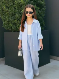 Firerie Kids Firerie Kids Nova Glow Tween Girls 3pcs Casual Street Woven Blue & White Striped Loose Raglan Shirt, White Cami And Wide Leg Striped Pants Set, Suitable For Spring/Summer, Weekend, Casual Outing, Back To School