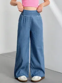 Tween Girls Summer Holiday Casual High Waist Wide Leg Blue Pants, Spring Autumn Casual High Waist Wide Leg Loose Blue Pants, Casual Daily Wear Summer Holiday