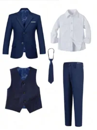 Tween Boy Suits 5-Pieces Suit Set Tuxedos Dresswear Ring Bearer Outfit Wedding Blazer Vest Pants Shirts Tie Formal Suits, Navy Blue Size 6-16Y