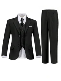 Tween Boy Suits 4-Pieces Suit Set Tuxedos Dresswear Ring Bearer Outfit Wedding Blazer Vest Pants Tie Formal Suits, Black Size 4-16Y