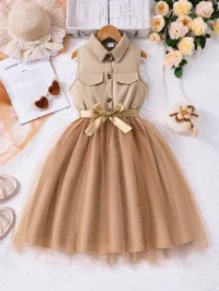 Tween Girls Casual Solid Color Sleeveless Collared Net Mesh Dress With Waist Belt, Summer