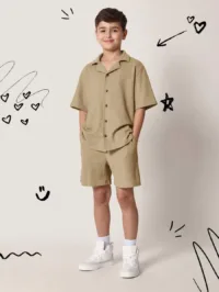 SUMWON Textured Waffle Weave Summer Short Sleeve Button Down Shirt Shorts Set Resort Holiday Outfit Beachwear Vacation Two Piece Lounge Set