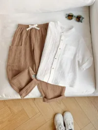 Tween Boy Casual Textured Fabric Short Sleeve Shirt And Long Pants Set With Pockets, Suitable For Commute, School, Daily, Vacation, Leisure, Sports, Spring/Summer