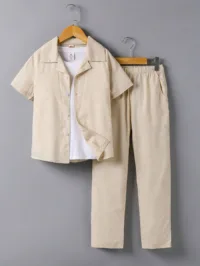 Kids/Teenagers' Fashion Lapel Linen Short Sleeve Outfit, Casual Versatile Comfortable Shirt And Pants Set For Boys, Spring/Summer New Arrival