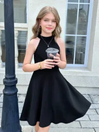SHEIN Serisse Kids Tween Girl Casual Solid Black Stand Collar Sleeveless Empire Waist Dress