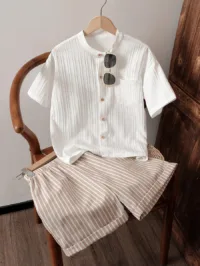 SHEIN Vintaside Kids Tweens Boys Commuter Casual Textured Striped Fabric Stand Collar Shirt & Striped Shorts 2pcs Outfit, Comfortable & Fashionable