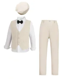SHEIN Tween Boy Gentleman 3 Pieces Set: Vest + Trousers + Hat, Formal Outfit For Birthday Party, Evening Event, Wedding, Christening, Valentine's Day Fall Winter