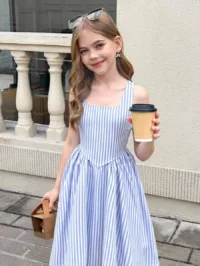SHEIN Serisse Kids Tween Girls Blue And White Striped Midi Dress With Square Neck And Flared Hem Girls Blue Striped Dress Tween Girl Striped Dress Girls Striped Summer Dress