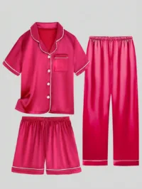 3pcs Tween Girl Red Short Sleeve Shirt And Shorts/Pants Pajama Set