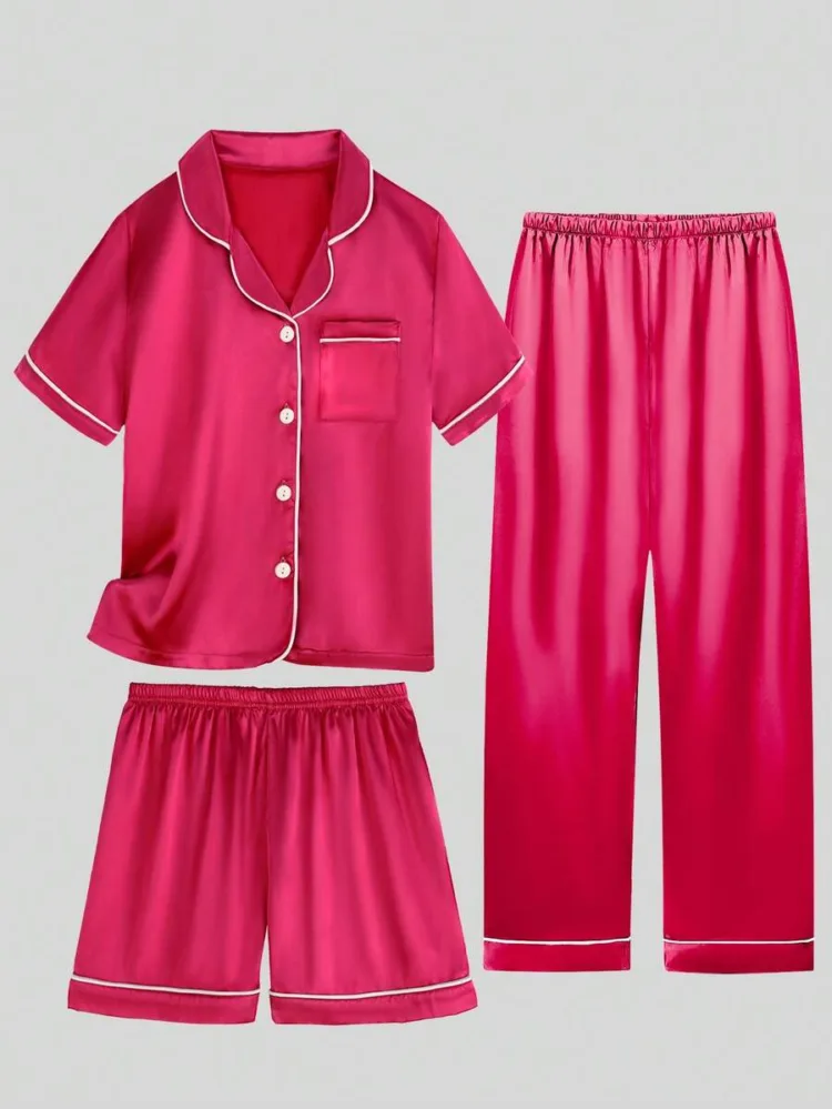 3pcs Tween Girl Red Short Sleeve Shirt And Shorts/Pants Pajama Set