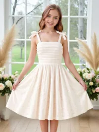 Tween Girls Cute & Elegant Apricot Floral Knit Cami Dress