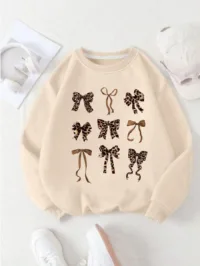 Tween Girl Leopard Pattern Bow Print Sweatshirt Crewneck(Oversized Fit) Sweatshirt For Girl Casual Comfy Fall And Winter Fashion Outfits Cute Clothes