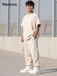 2pcs/Set Boys Casual Set, Oversize Round Neck Pullover Top With Dropped Shoulder & Wide Sleeve Cuffs, Plain Straight Leg Pants, Comfortable Fabric, Suitable For Summer & Autumn