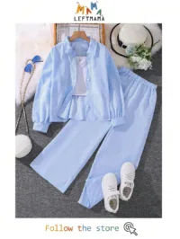 Left Mama Tween Girl 2pcs/Set Autumn New Arrivals Turn-Down Collar Long Sleeve Shirt And Pants