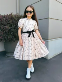 SHEIN Tween Girls' Detachable Belt Polka Dot, Pleated, Puff Sleeve Dress With Bubble Hem And Ruffle Neckline