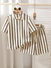 SHEIN 3pcs Tween Boy Knitted Textured Vertical Striped Short Sleeve Shirt And Matching Casual Shorts Set, Blended Fabric, Skin-Friendly And Breathable. The Shirt Features Multi-Color Vertical Stripe Design With A Small Collar And Short Sleeves; The Shorts Have An Elastic Waistband. The Overall Style Is Casual And Suitable For Daily Wear, Kindergarten, Beach Trips, Etc. Can Be Worn As A Set Or Separately To Create A Sunny And Energetic Kids Outfit, Perfect For Back-To-School Season. Summer Holiday