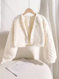 Girls' Textured Jacquard Fabric Shawl Collar Faux Fur Jacket, Fashion High-End Elegant Versatile Small Coat, White Floral Pattern, Autumn/Winter Back To School Season Fall