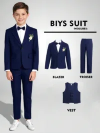 SHEIN Boys' 3-Piece Suit Set: Double-Breasted Vest + Jacket + Pants, Formal Wear For Birthday Party, Banquet, Wedding, Christening, Birthday