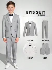 SHEIN 4pcs Tween Boy Gentleman Outfit Set: Vest + Blazer Jacket + Shirt + Trousers + Bow Tie, Formal Suit For Birthday Party, Wedding, Graduation, Anniversary