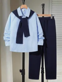 3pcs/Set Tween Boys' Casual Striped Collared Long Sleeve Loose Open Front Shirt, Solid Color Straight Leg Pants And Scarf, Suitable For School, Garden, Beach, Birthday In Spring, Summer, Autumn And Winter Seasons