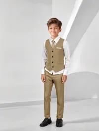 SHEIN Tween Boy Gentleman 2 Piece Set, Vest With Chest Design + Long Pants, No Shirt No Accessories Formal Attire For Birthday Party, Evening Party, Wedding, Christening, Anniversary Ceremony, Graduation