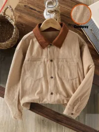 1pc Boys' Corduroy Casual Versatile Color Block Collar Jacket, Autumn/Winter