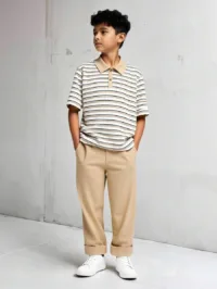 SHEIN 2pcsTween Boy Polo Co-Ords Casual Daily Wheat Yellow Textured Woven Fabric Short Sleeves Polo Regular Thicknessdaily Vacation Summer And Autumn Contrast Stripesback To School Polo Shirt And Khaki Pants Suit