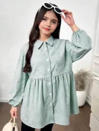 SHEIN Tween Girls' Casual Polo Collar Grid Pattern Lantern Sleeve Loose Cute Top Girls Shirt Dress Checkered Dress Green Shirt For Girls Loose Shirts Teen Girls Fall Winter