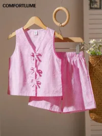 2pcs/Set Tween Girls Sleeveless Woven Striped Tank Top With Bow Decor & Elastic Waist Loose Shorts Set, Summer
