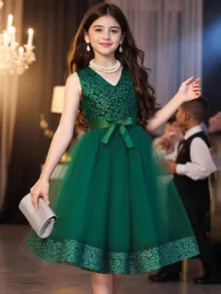 Tween Girl's Green Jacquard Mesh Dress
