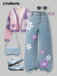 Tween Girls New Fashion Snowflake Washed Distressed Embroidered Wide-Leg Jeans Tween Jean Pants Embroidery Cute Jeans Aesthetic Clothes Jeans With Flower Embroidery Embroidered Jeans Girls' Stylish Pink Bow Embroidery Slim Fit Stretchy Flared Washed Light Color Denim Jeans, Suitable For All Seasons Fall Winter