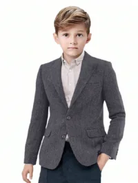 Tween Boy Herringbone Lapel NeckSingle-Breasted Long Sleeve Blazer In Charcoal Gray