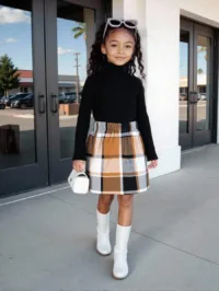 Tween Girl High Neck Tee & Plaid Skirt Without Bag