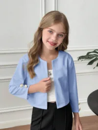 SHEIN Serisse Kids Tween Girl Commuting Casual Solid Color Open Front Cropped Knit Jacket With Metal Buttons Girls Long Sleeve Blouses Girls Blue Cardigan Blazer For Girl Girl Clothes Autumn And Winter Clothes