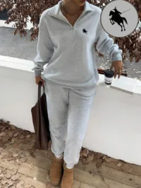 SHEIN Tween Girl Autumn Grey Round Neck Knit Tight Printed Long Sleeve Top And Loose Wide Leg Sweatpants 2 Piece Casual Outfit Set