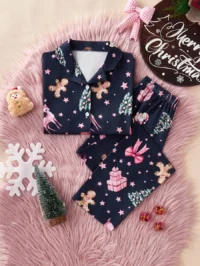 Girls' Christmas Deer, Christmas Tree, Christmas Gift, Christmas Bow, Gingerbread Element Printed Comfortable Short Sleeve Open Front Collar Loungewear Set, Made Of Flame Retardant Fabric