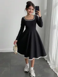 SHEIN Tween Girl Black Vintage Lace Trim Elegant Beaded U-Neck A-Line Mini Dress, Party Dress, Long Sleeve Mini Dress For Outing, Party, Graduation, Suitable For Halloween, Christmas