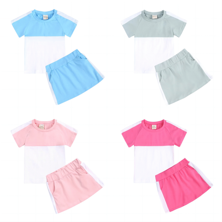 2 Pieces Kid Colorblock Set Raglan Sleeve Tee With Skirts Wholesale 2525067