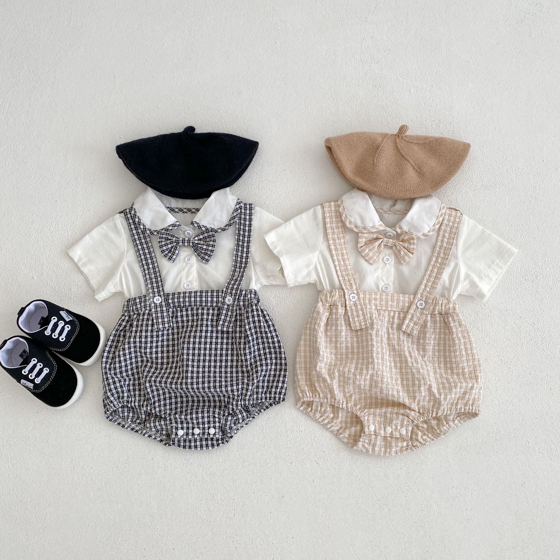 2 Pieces Set Baby Girls Boys Solid Color Tops And Checked Rompers Wholesale 24080233
