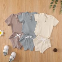 2 Pieces Set Baby Girls Solid Color Muslin&Ribbed Rompers And Shorts Wholesale 220323282