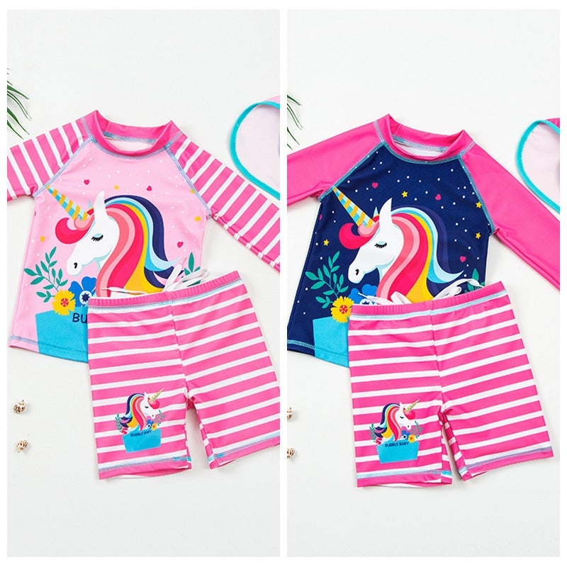 2 Pieces Set Baby Kid Girls Beach Letters Color-blocking Love heart Polka dots Unicorn Print Tops And Striped Shorts Swimwears Wholesale 22041287
